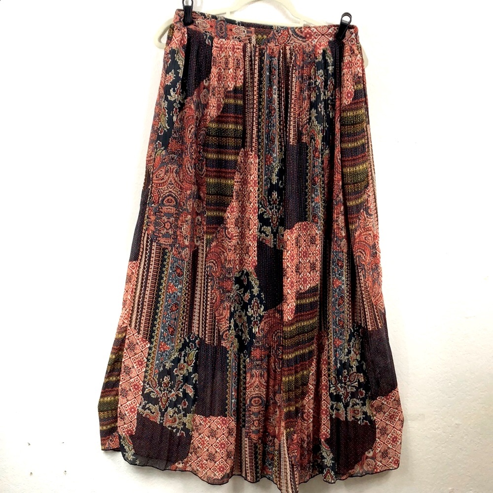 Boho Maxi Skirt Chiffon Patchwork Print Micro Pleat Lined Large